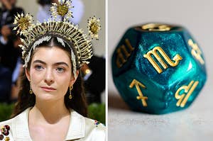 On the left, Lorde, and on the right, a die with a Scorpio symbol on it