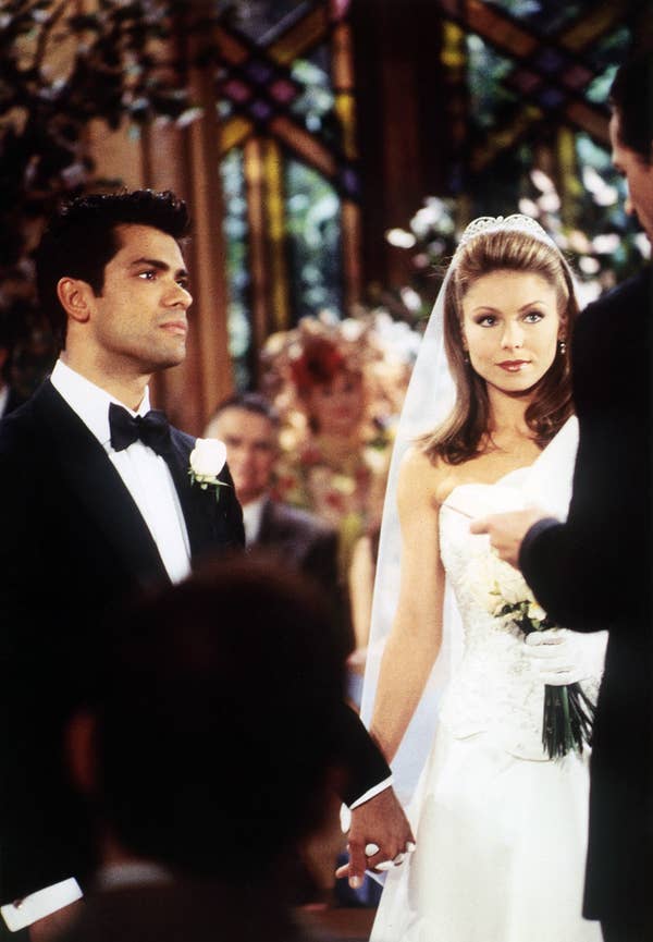 #10 Kelly Ripa played Hayley Vaughan from 1990 to 2002, and Mark Consuelos played Mateo Santos from 1995 to 2002 on All My Children (1970-2011). They got married to each other in 1996. 