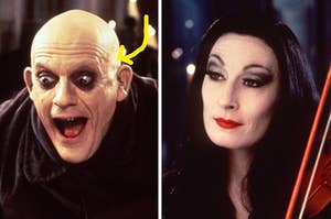 uncle fester on the left and morticia addams on the right