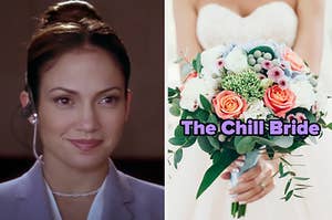 On the left, Jennifer Lopez wearing a headset as Mary in The Wedding Planner, and on the right, a bride holding a bouquet labeled the chill bride