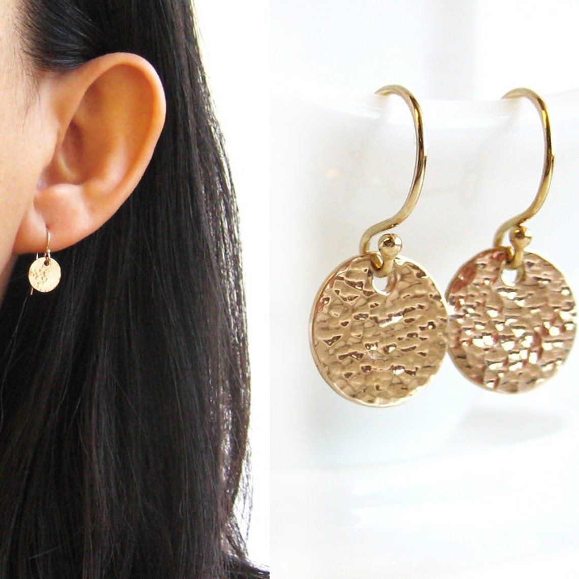The gold earrings show up close and on a model&#x27;s ear