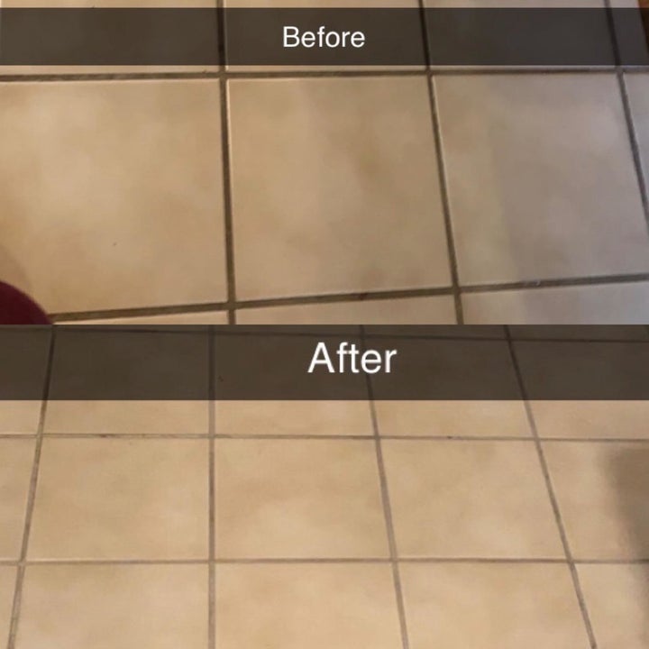 reviewer before and after with with clean grout between their tiles after using the brush
