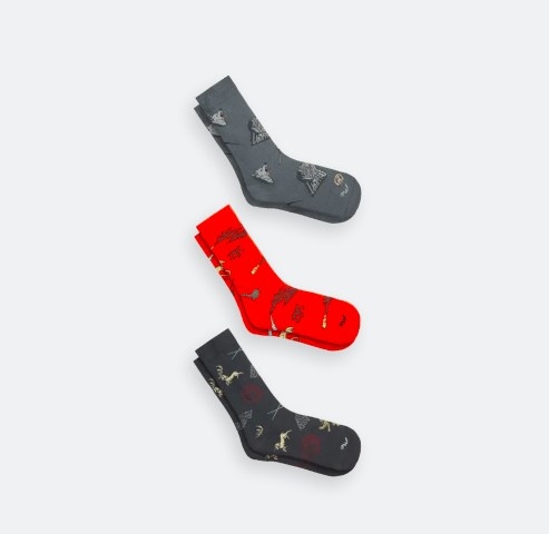A pair of black, red, and grey GOT socks