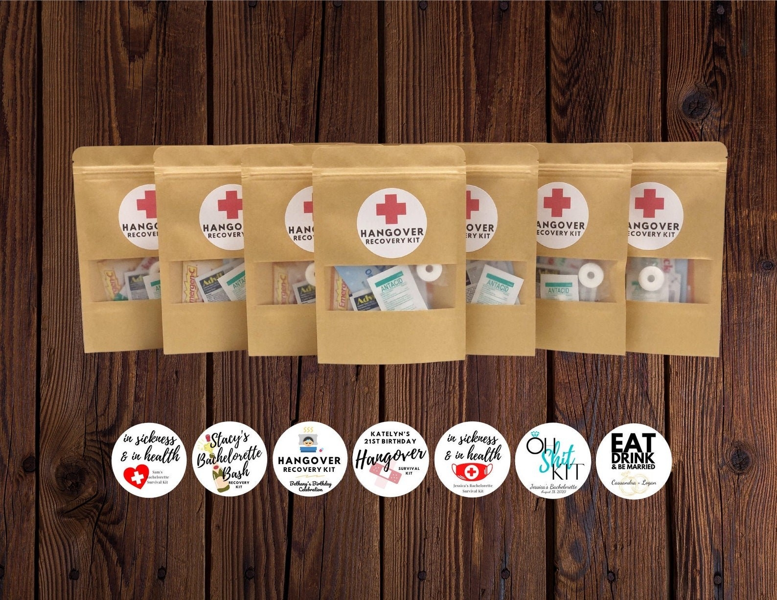 Seven of the hangover recovery kits and seven sticker options