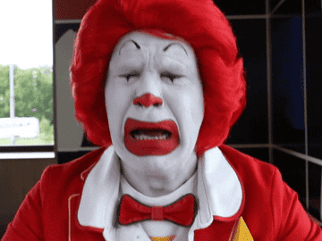 Ronald McDonald is visibly upset