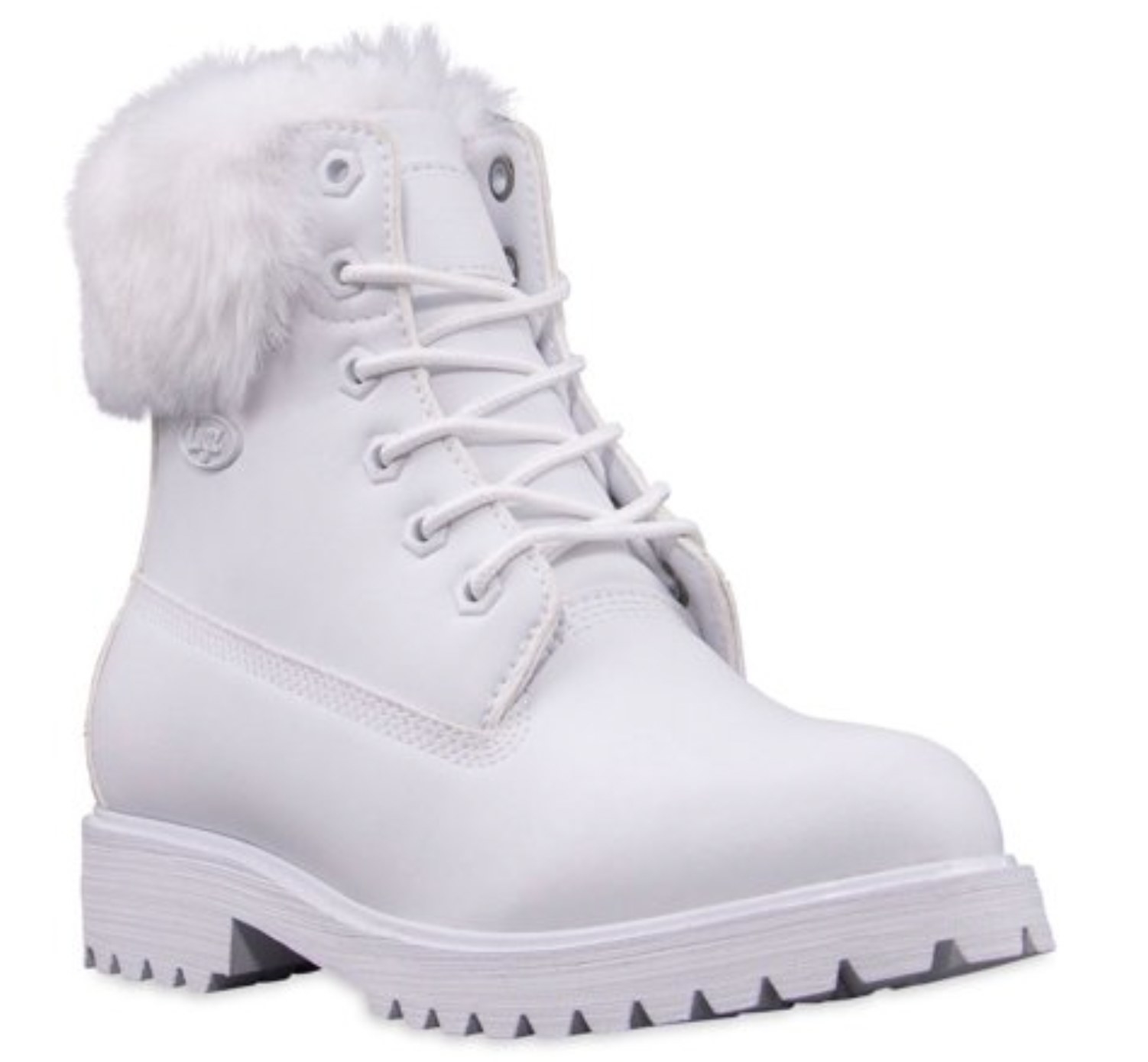a white lace up boot with tread and a fur trim