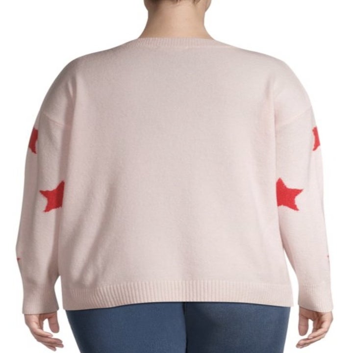 the bare pink back of the sweater with stars only on the back of the sleeves