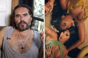 Side by side of Russell Brand and Cardi B and Megan Thee Stallion