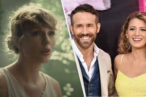 Taylor Swift in one of her "Folklore" music videos next to a picture of Blake Lively and Ryan Reynolds on the red carpet