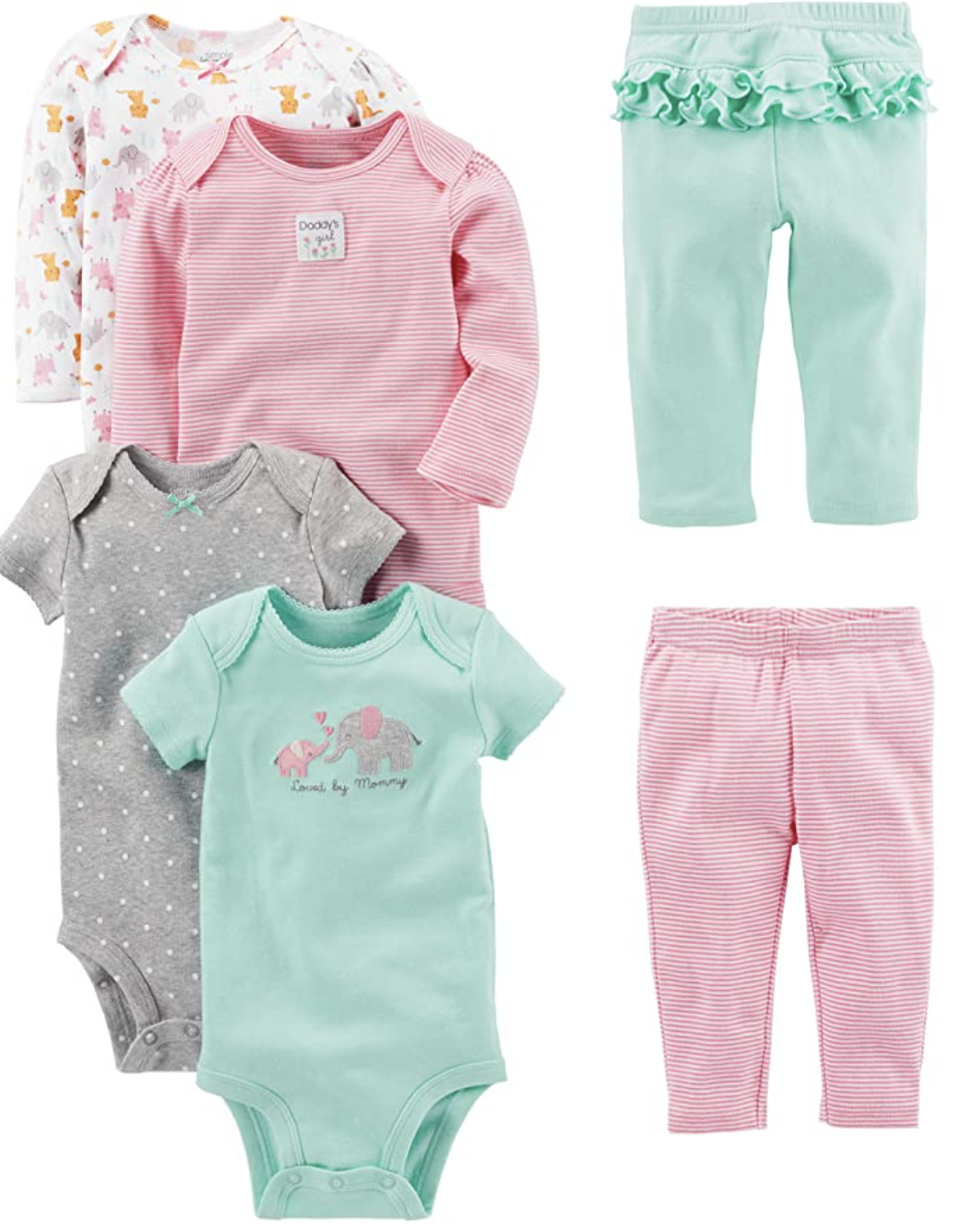 Four onesies in different gray, pink, and seafoam colors and two pairs of matching pants