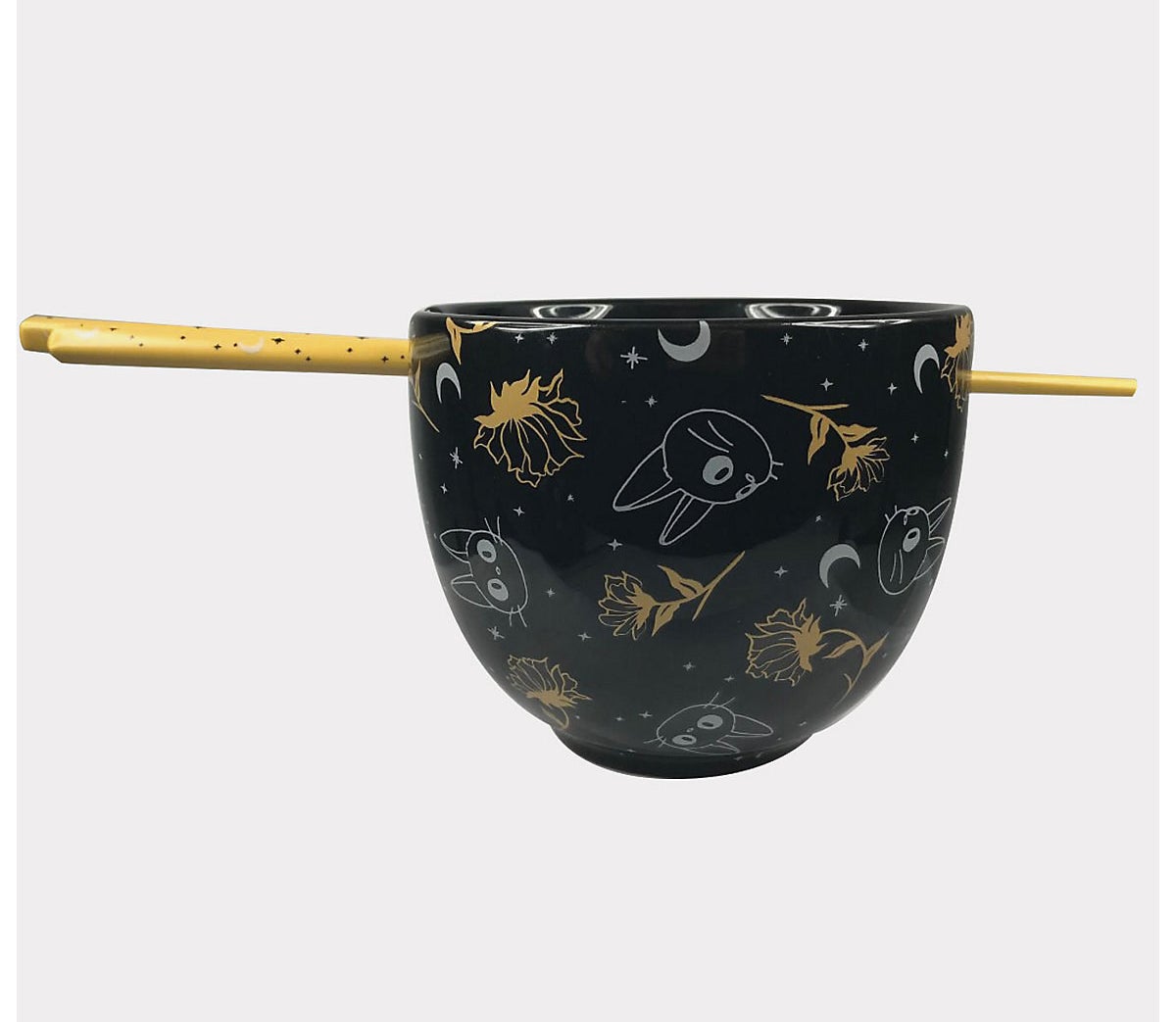 black ramen bowl with purple Jiji faces, plus hole for chopsticks