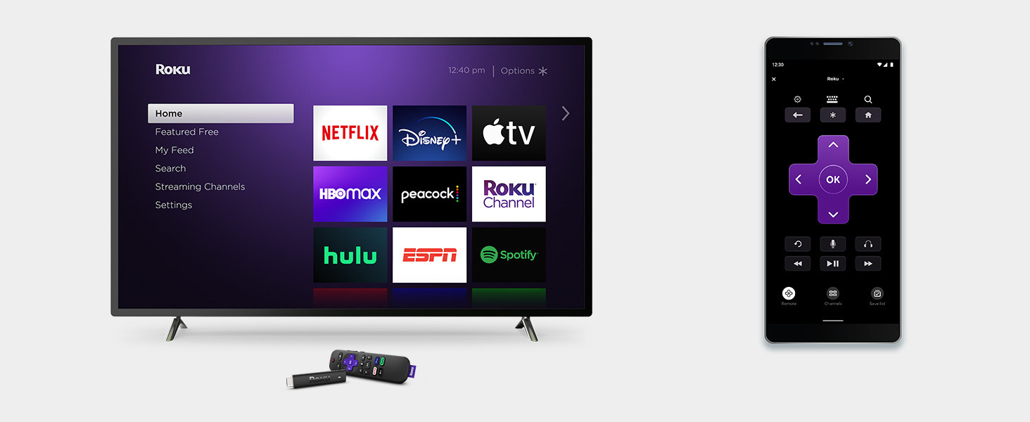 The Roku streaming stick and remote set up with tv