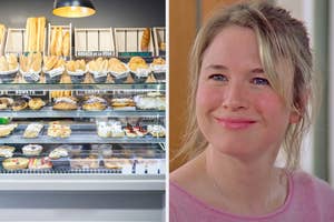 On the left, a bakery display case full of various breads and pastries, and on the right, Bridget Jones smiling