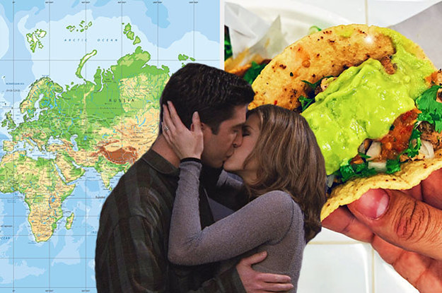 a map on the left, tacos on the right, and ross and rachel from friends kissing in the middle