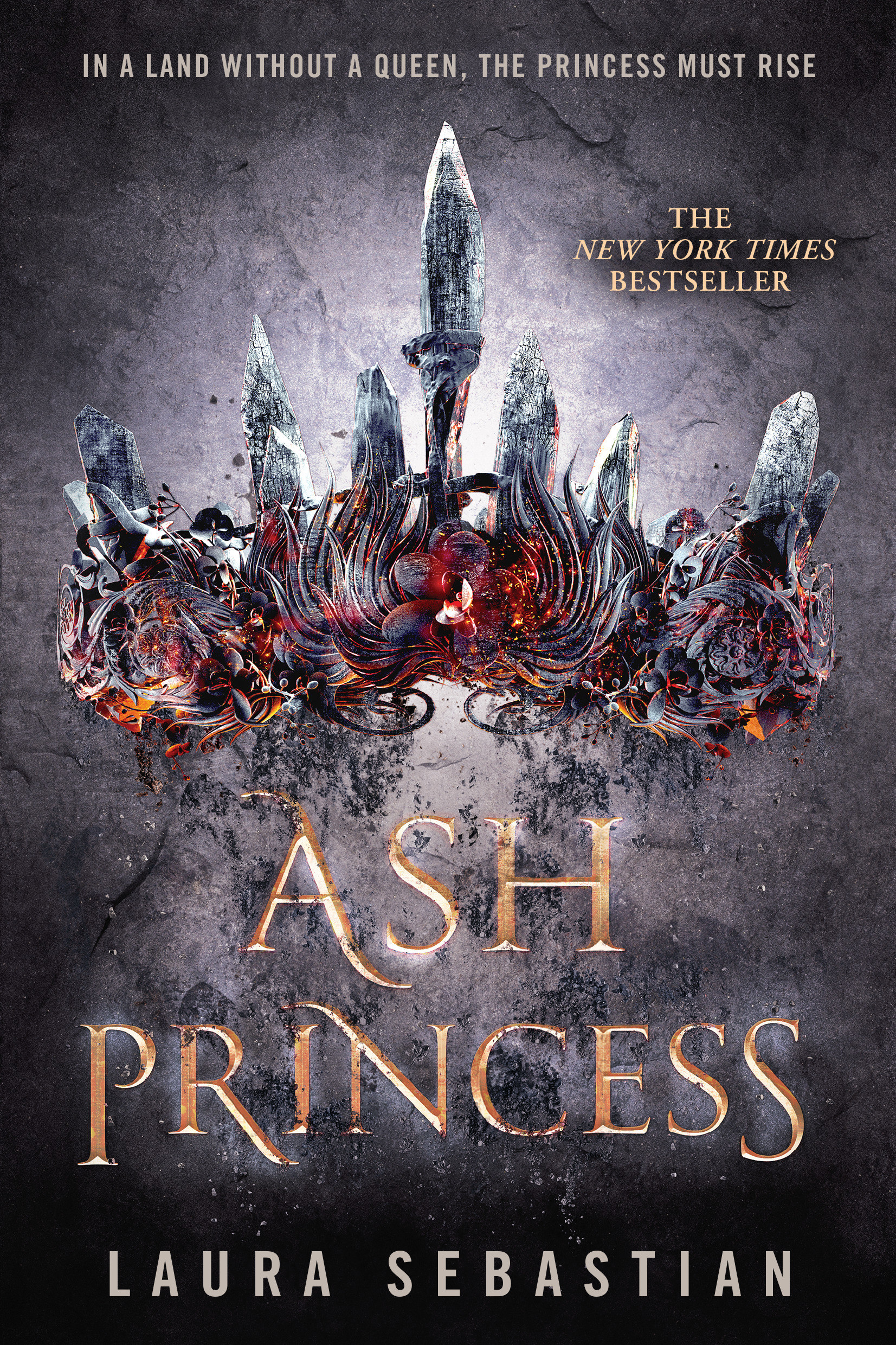 The cover of &quot;Ash Princess,&quot; which has an illustration of a crown on an ashy background.