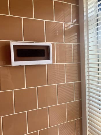 reviewer's tile shower with the holder attached