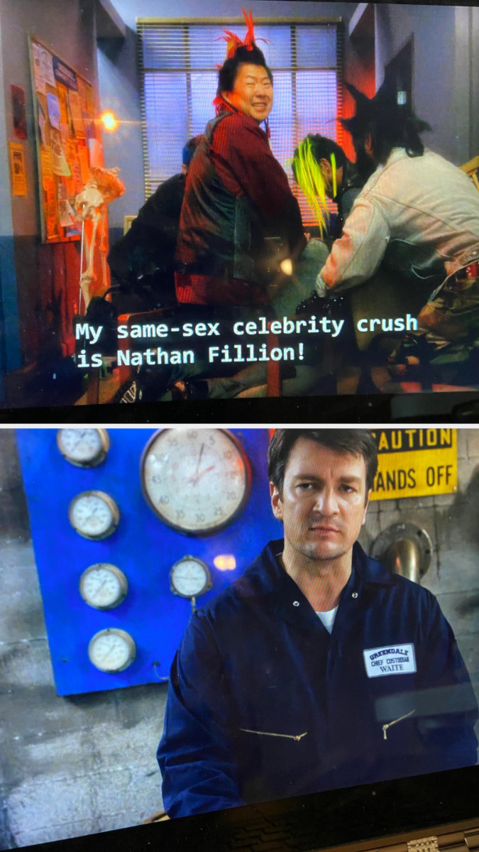Ben Chang saying: &quot;My same-sex celebrity crush is Nathan Fillion!;&quot; Nathan Fillion guest starring as a janitor in the next episode