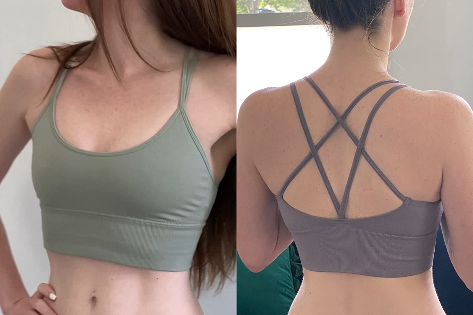 Reviewer photo of the bra in green and purple from the front and back