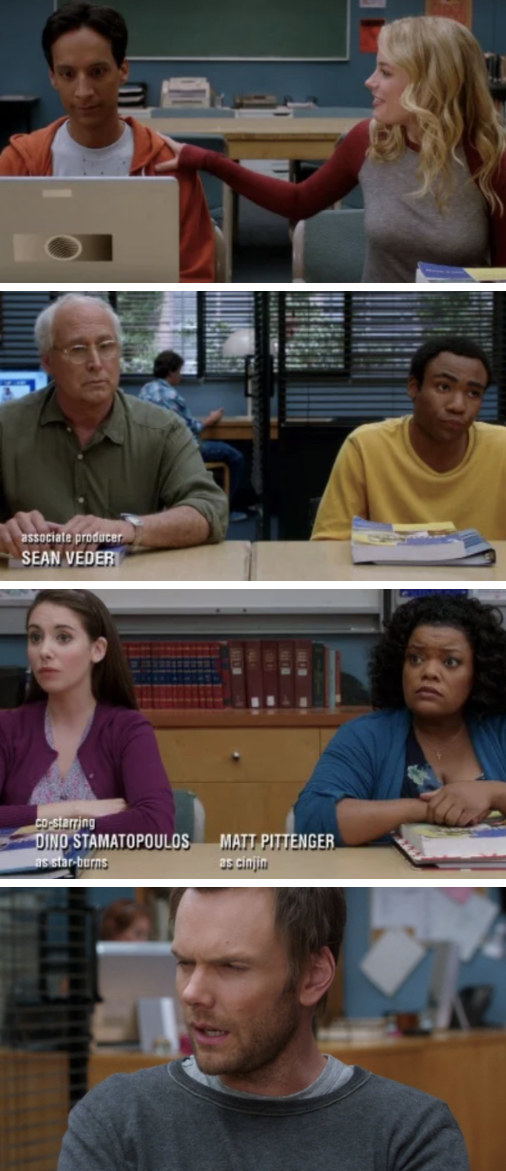 Abed wearing orange, Britta wearing red, Pierce wearing green, Troy wearing yellow, Annie wearing purple, Shirley wearing blue, and Jeff wearing gray