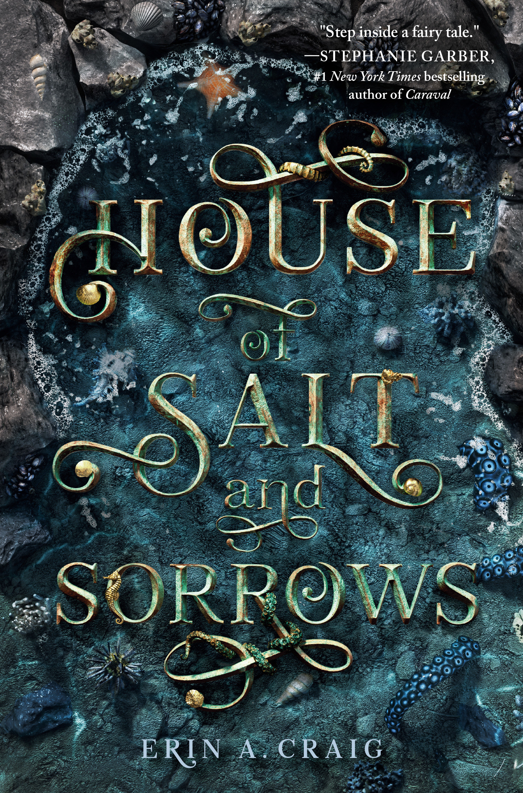 The cover of &quot;House of Salt and Sorrows,&quot; which has curling typography over a tide pool.
