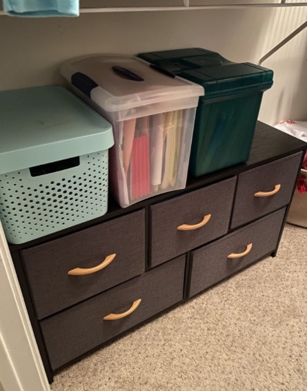 the dresser organizer inside a closet with bins resting on top