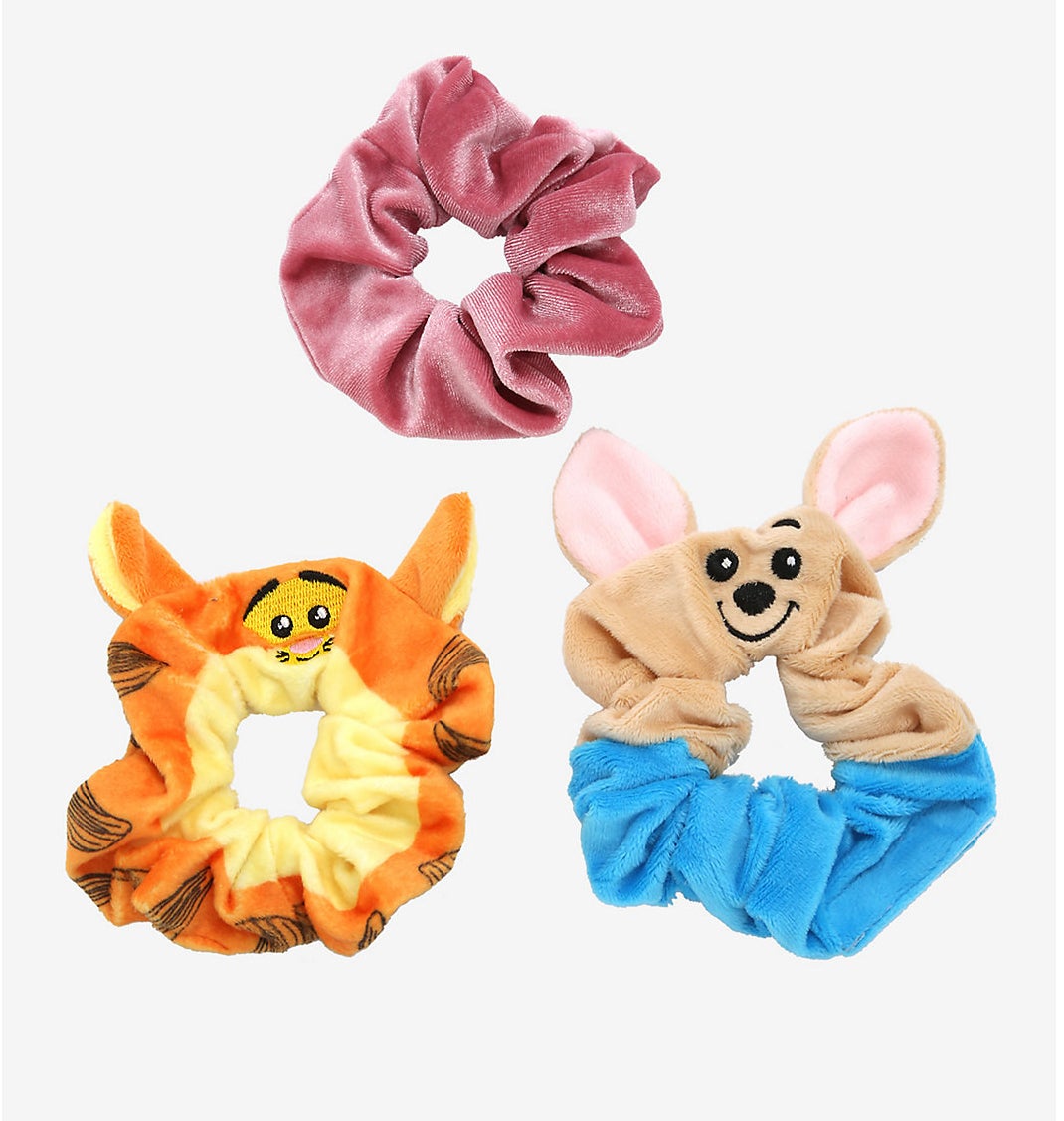 plush scrunchies, one plain pink, one shaped like Tigger and one shaped like Roo, both with ears