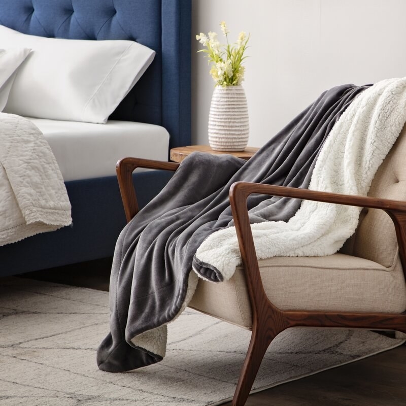 the gray blanket on a chair showing the sherpa underside and velvet topside