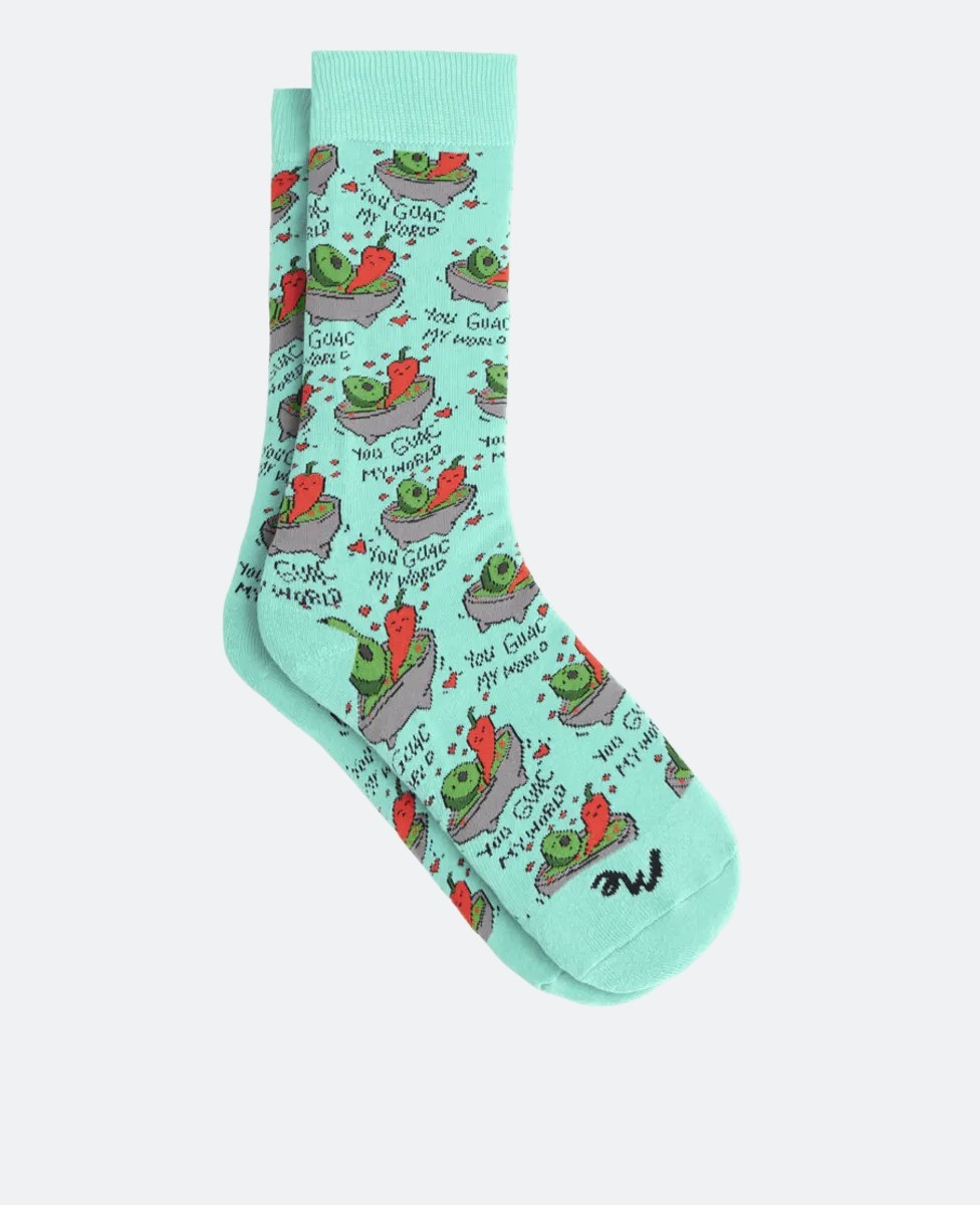 the socks with avocado and peppers in a bowl of guacamole that says &quot;you guac my world&quot; underneath each bowl