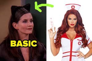 monica geller in cat ears on the left and a sexy nurse on the right