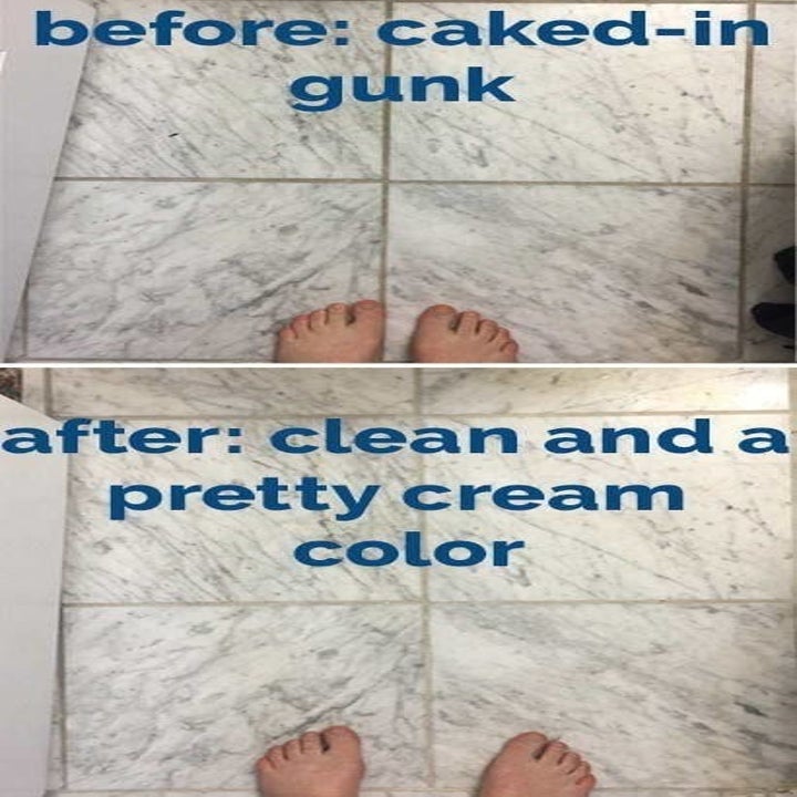 A double photo: (top) A before shot of BuzzFeed Editor, Natalie Brown's tiles caked in gunk (bottom) The same tiles now gunk-free after using the power scrubber