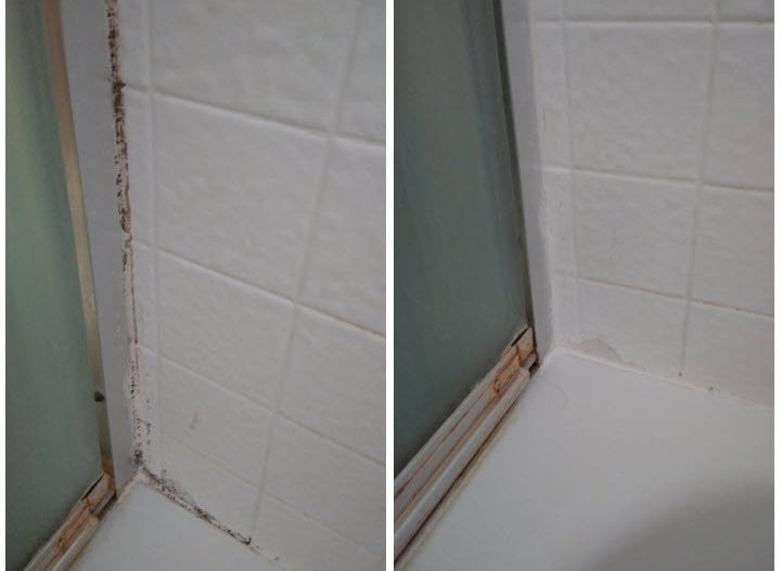 a split reviewer before and after image of the grout looking dirty on the left, and clean on the right