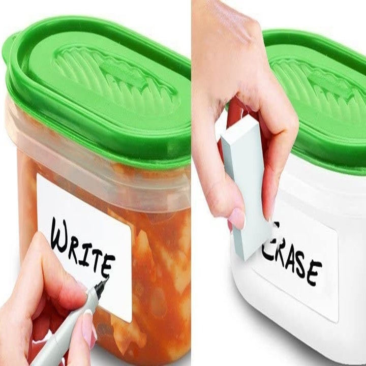 three images of Tupperware with different labels that read "write," "erase," and "reuse."