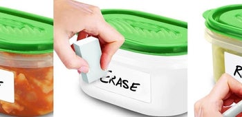 three images of Tupperware with different labels that read 