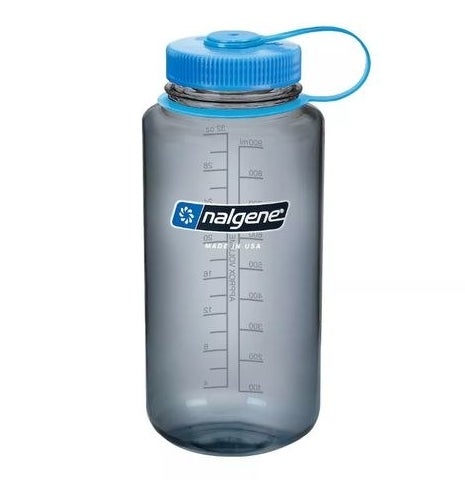 see-through blue 32oz nalgene bottle with a screw-top lid
