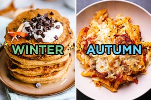 On the left, some chocolate chip pancakes topped with cream and extra chocolate chips labeled winter, and on the right, some penne topped with cheese and chorizo labeled autumn