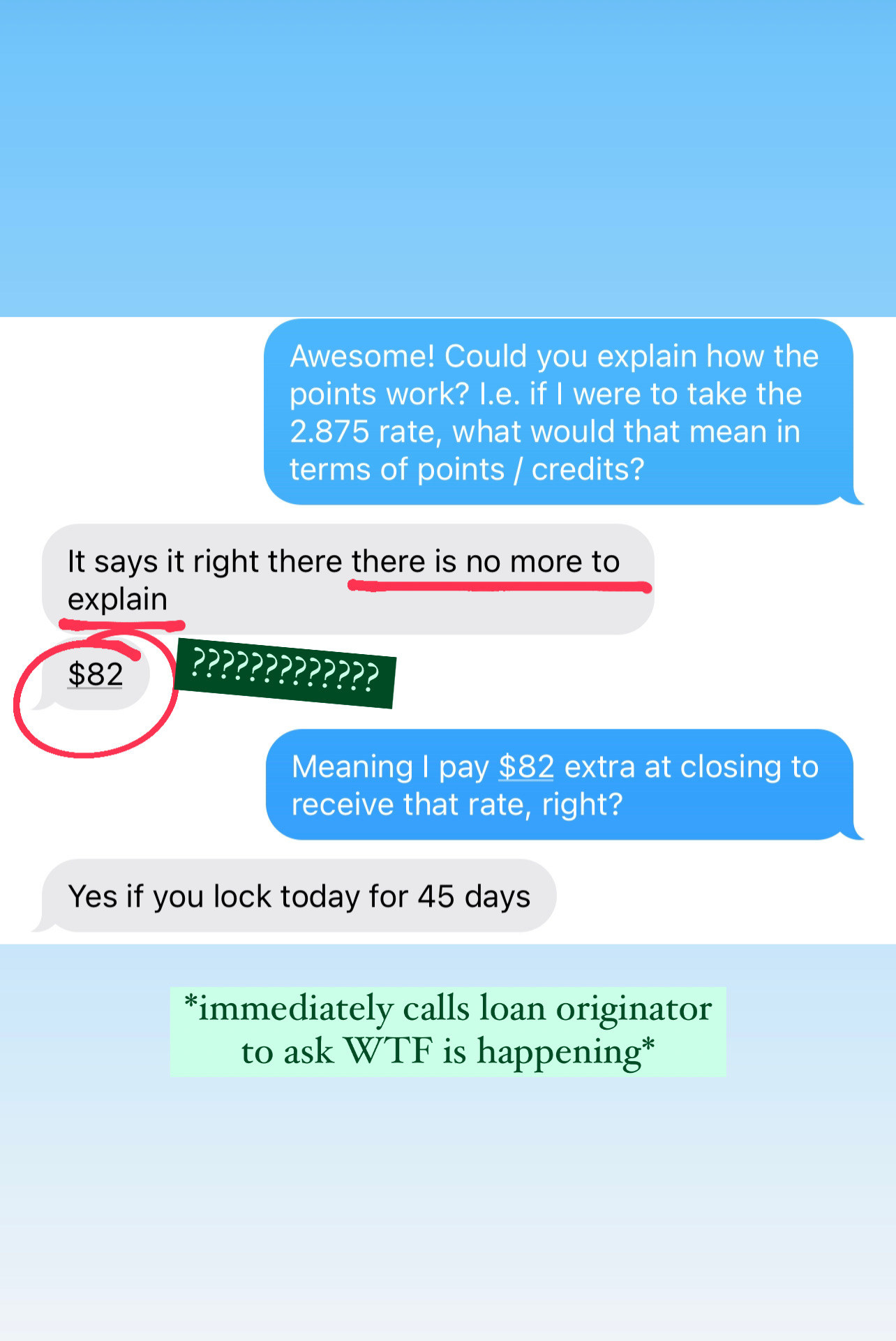 Confusing text exchange between author and loan originator with text: &quot;immediately calls loan originator to ask WTF is happening&quot;