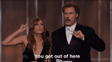 Will Ferrell and Kristin Wiig dramatically saying you get out of here
