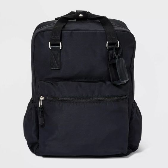 black zippered backpack with a front picket and two size pockets