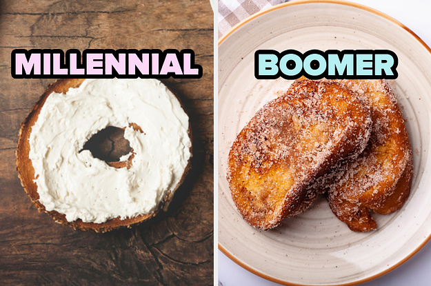 On the left, a bagel with cream cheese labeled millennial, and on the right, some French toast labeled boomer