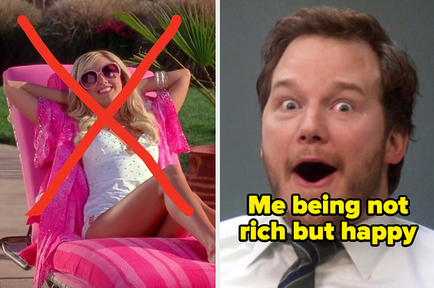 A crossed-out image of Sharpay from "High School Musical" next to a shocked Andy from "Parks and Rec" with the caption: "Me being not rich but happy"
