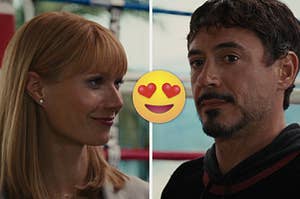 A close up of Pepper Potts as she has her head turned to the side and a close up of Tony Stark as he looks into the distance