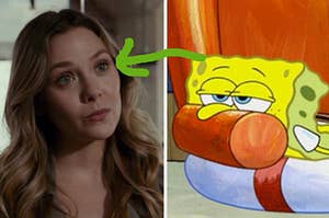 A close up of Elizabeth Olsen and SpongeBob SquarePants as he lays on an arm chair