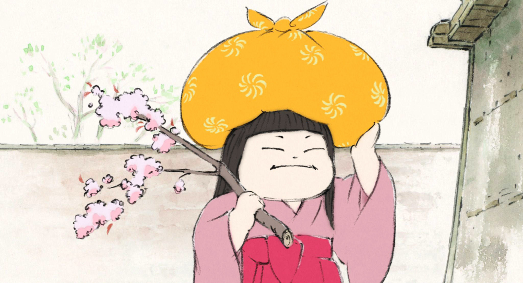 Princess Kaguya uncomfortably holding a yellow bag on her head while also holding a cherry blossom branch in her hand