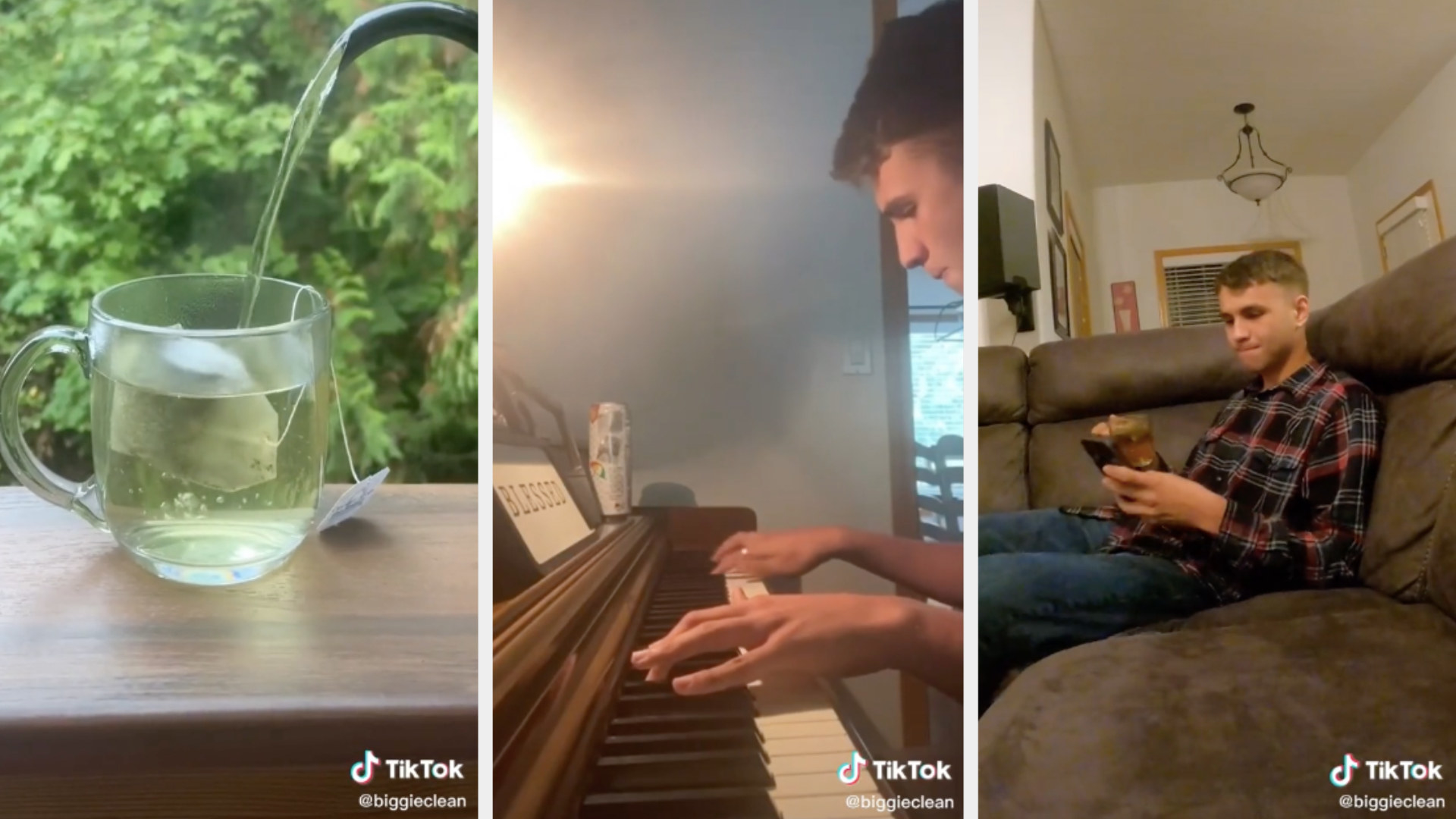 Jacob pouring tea, playing piano, and sitting on the couch