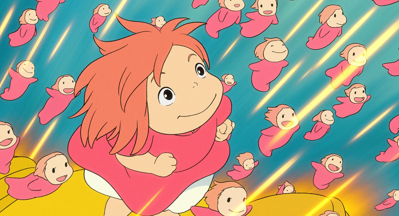 Ponyo looking excited to be coming up from the water with several other Ponyo look a likes