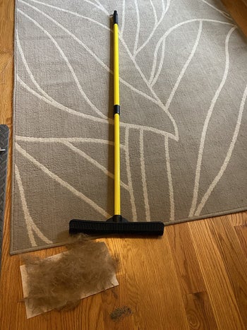 the broom on the clean carpet after, with a pile of fur the size of a piece of paper removed from it
