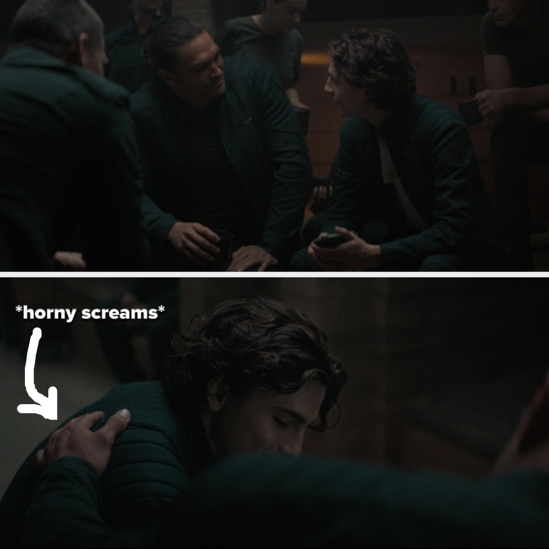 Jason Momoa putting his hand on Timothée&#x27;s back