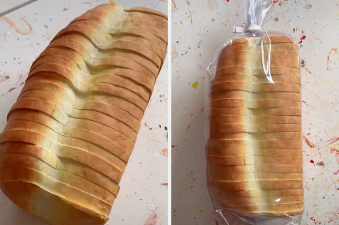 A loaf of bread on a table, next to it being wrapped in plastic like any bread you'd find in a grocery store