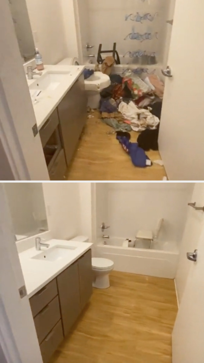 A before picture of a messy bathroom, Jacob cleaning the bathroom, and the after picture of a now spotless bathroom