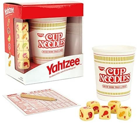 cup noodls yahtzee game with score card in the front